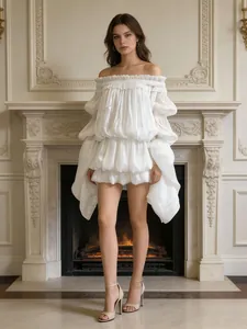 Elegant white off-shoulder ruffled mini dress with billowing sleeves for resort wear