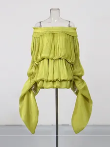 Lime green off-shoulder resort dress with tiered ruffles and flowing streamer sleeves