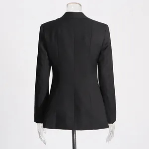 Vista posteriore di un elegante blazer nero avvitato da donna su un manichino trasparente.