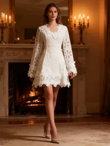 Vestido Corto de Encaje Blanco Estilo de Palacio Vintage para Mujer Patrón Floral 3D Cuello en V Manga de Campana Acampanado Fiesta