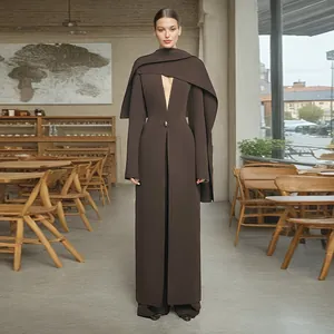Elegant brown long coat with a structured shawl detail and cinched waist design