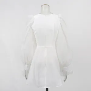 Back view of a white long-sleeved mesh mini dress with puff sleeves and zipper details.