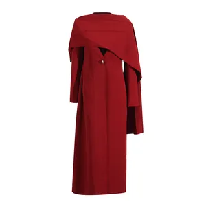 Elegant deep red long coat with a unique shawl overlay and V-neck design for women