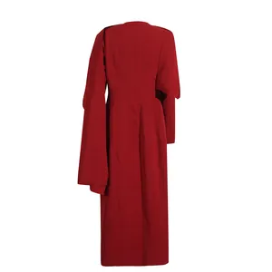 Back view detail of a fashionable red cape-style long trench coat for women