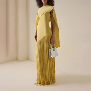Elegant yellow slim fit dress featuring a cape design and intricate long fringe hem