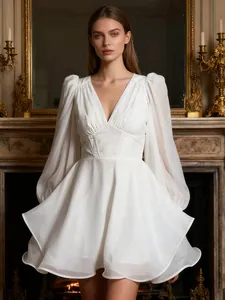 Women Sexy European White V-Neck Mesh Mini Dress Fishbone Waist Corset Lantern Long Sleeve Splicing Solid Color Party Dress