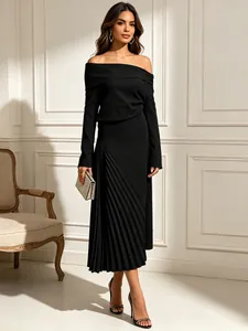 Elegante Vestido de Noche de Poliéster Algodón Fruncido Asimétrico Mujer Manga Larga Plisado Ajustado Celebridad Banquete Maxi