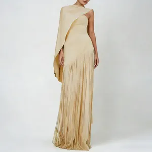 Elegant champagne slim fit long dress with shoulder cape and dense flowing fringe skirt detail