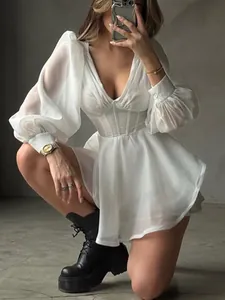 Sexy white mesh mini dress with V-neck, long balloon sleeves, and corset waist design