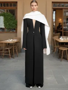 Elegant black long coat with white shawl, V-neck slim fit design for women fashion