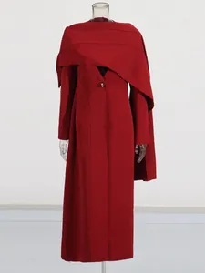 Sophisticated red shawl-style long coat featuring a deep V-neck and single button detail