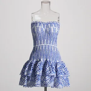Detail view of blue and white eyelet embroidered mini dress with smocked bodice.