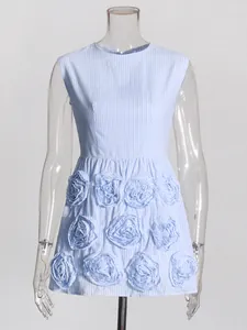 French style blue striped mini dress with 3D rose embellishments and slim fit waist.