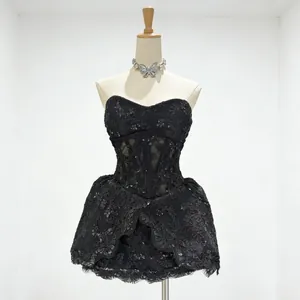 Elegant French style black lace embroidered strapless mini dress displayed on mannequin