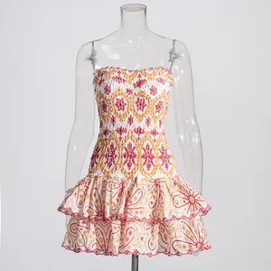 Detailed view of the intricate eyelet embroidery on a strapless floral tiered dress