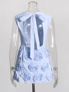 French style light blue striped mini dress with 3D floral appliqués and bow tie back