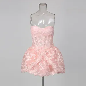 Detail of a pink lace embroidered strapless mini dress displayed on a clear mannequin.