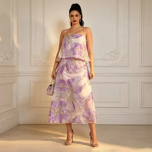 Elegante abito da vacanza a due pezzi senza maniche con grande stampa floreale viola