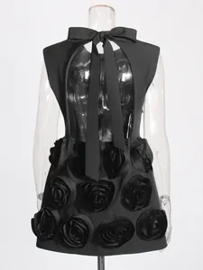 Elegant French retro black mini dress featuring 3D rose appliqués and a stylish bow tie collar
