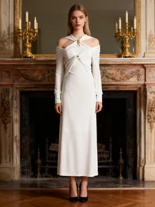 Abito Maxi da Donna in Maglia Minimalista Francese Estivo Scollo Rotondo Slim Tinta Unita Manica Lunga Elegante da Sera