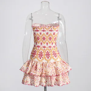 Exquisite white embroidery eyelet mini dress with ruffled tiered hem and smocked bodice
