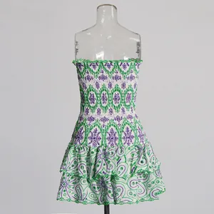 Close-up of green and purple floral eyelet embroidery on a strapless tiered mini dress