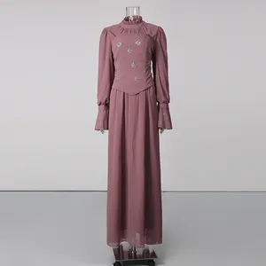 Elegant French style long dress featuring a high neck with frill and puffed sleeves
