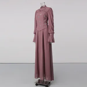 Mauve French vintage dress featuring high ruffled neck and floral embellished bodice.