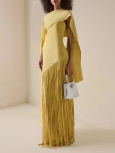 Women's Elegant Cape Design Maxi Dress Solid Color Slim Fit Tassel Hem Evening Dress Formal Social Party Bodycon Dress