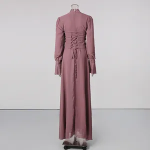 Back view of dusty rose high neck maxi dress with elegant lace-up corset waist details.
