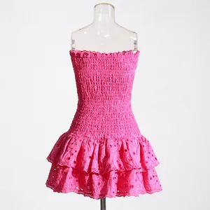 Close-up of pink strapless smocked dress with tiered eyelet embroidery details