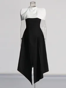 Elegante zwart-witte midi-jurk in Franse stijl met kleurblok-patchwork-ontwerp