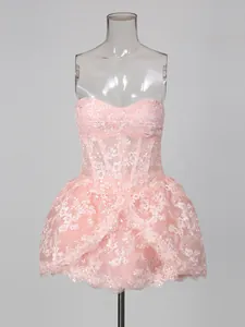 Elegant French style pink lace embroidered tube top mini dress for women fashion