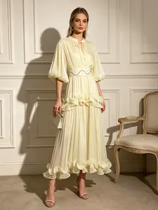 French Elegant Polyester Maxi Dress For Women Puff Sleeve Ruffle Patchwork Summer Long Dress With Rhinestone Waistband