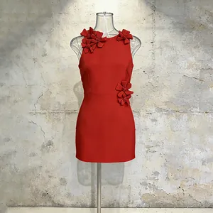 Elegant red sleeveless mini dress featuring fashionable 3D floral appliqués and round neck