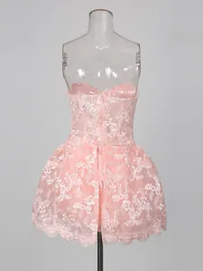Elegant French style pink lace embroidered strapless mini dress shown from the back view