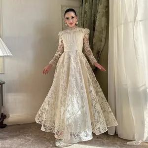 Elegant French lace gown with water-soluble floral embroidery and puff sleeves.
