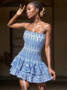 Women Smocked Strapless Eyelet Dress Summer Bodycon Ruffle Mini Dress Sexy Vacation Hollow Out Layered Tiered Ruffle Dress