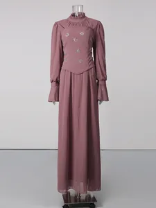 Elegant French vintage mauve maxi dress with high ruffled neck and puff sleeves