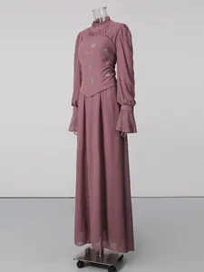 Elegant French court style high-neck ruffled long dress with puff sleeves in mauve pink