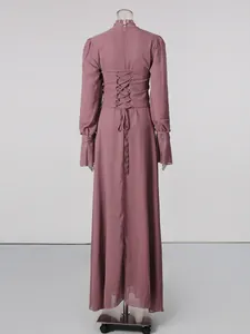 Back view of a French style long dress with lace-up corset waist and puff sleeves