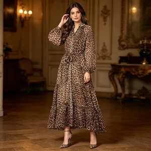 Elegant leopard print tiered maxi dress with lantern sleeves and belted waist design