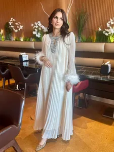 Luxury Plus Size Pleated Maxi Dress For Women Elegant Rhinestone U-Neck Ostrich Feather Trim Long Sleeve Loose Party Banquet Gown