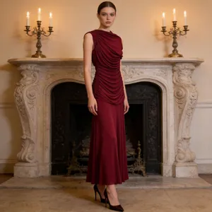Elegant burgundy sleeveless maxi dress with ruched details for a sophisticated look