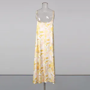 Detailed back view of the romantic yellow floral print maxi dress on a mannequin