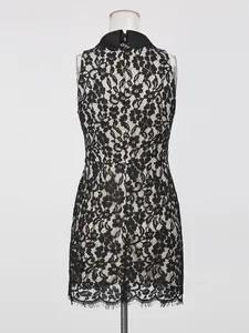 Vestido de encaje negro sin mangas estilo francés con cuello en punta vista trasera