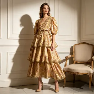 Vintage floral V-neck dress with puff sleeves and intricate lace stitching detail