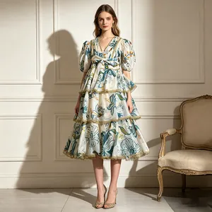 Full view of elegant vintage floral v-neck dress with intricate lace trim and tiered skirt