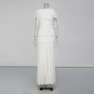 Elegant white sleeveless maxi dress featuring a ruched bodice and round neckline