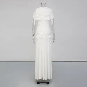 Rear view of white sleeveless maxi dress featuring intricate pleated ruched details